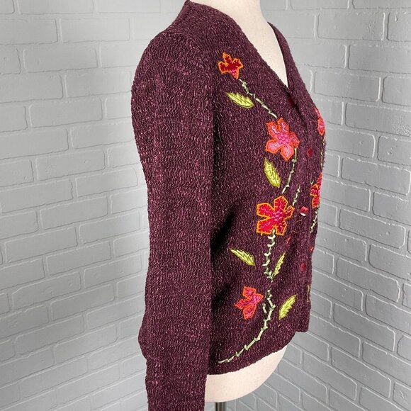 Crazy Horse Cardigan Womens Small Purple Floral Texture Quilt Nylon Sweater VTG - Picture 4 of 12